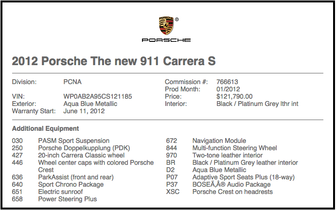 porsche factory options by vin number